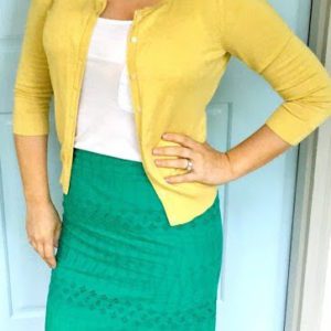 Resale outfit, green skirt, yellow cardigan