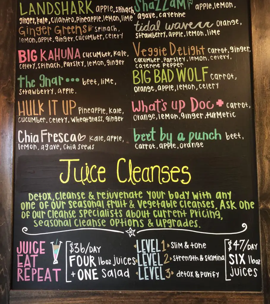 menu of juices