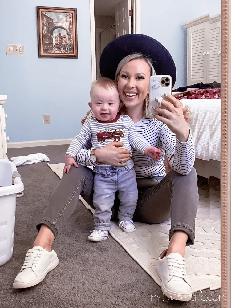 striped top and denim for boy moms matching outfit ideas