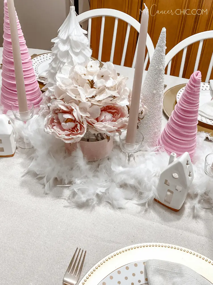 Pink & Gold Holiday Christmas Tablescape with small trees