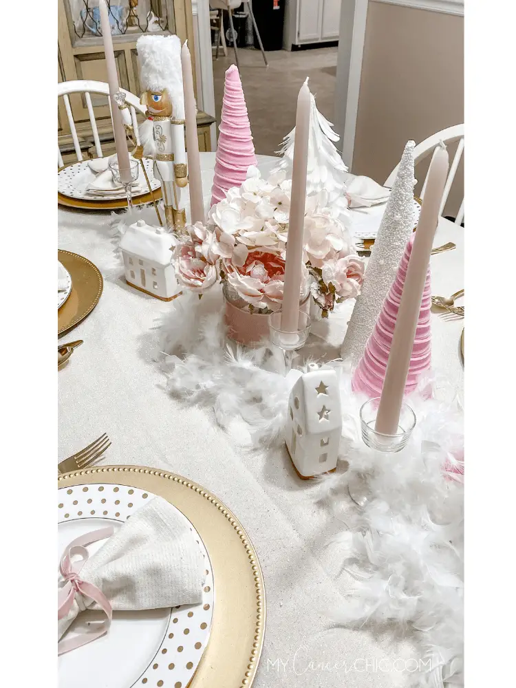 Pink & Gold Holiday Christmas Tablescape with feathers