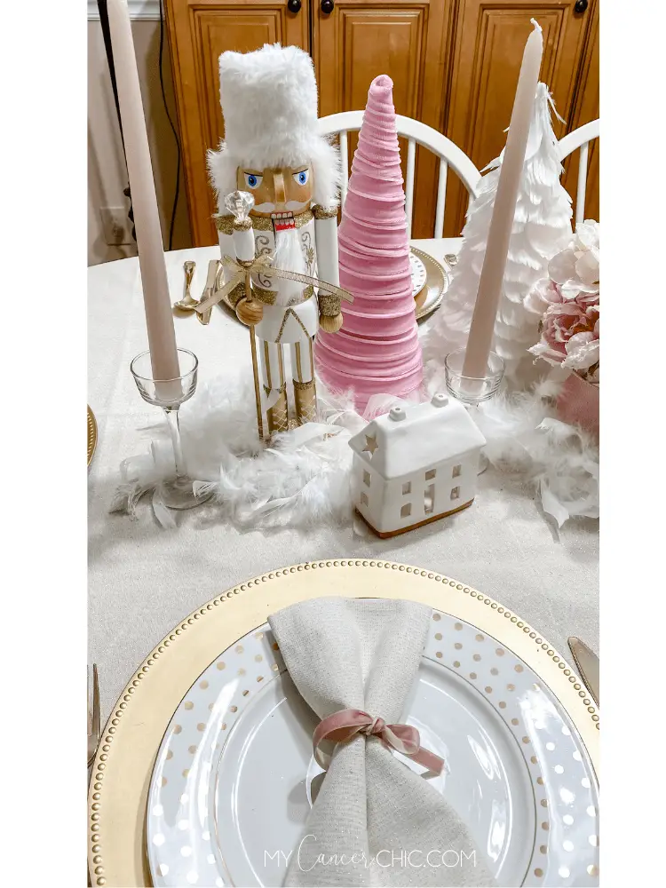 Pink & Gold Holiday Christmas Tablescape with nutcracker