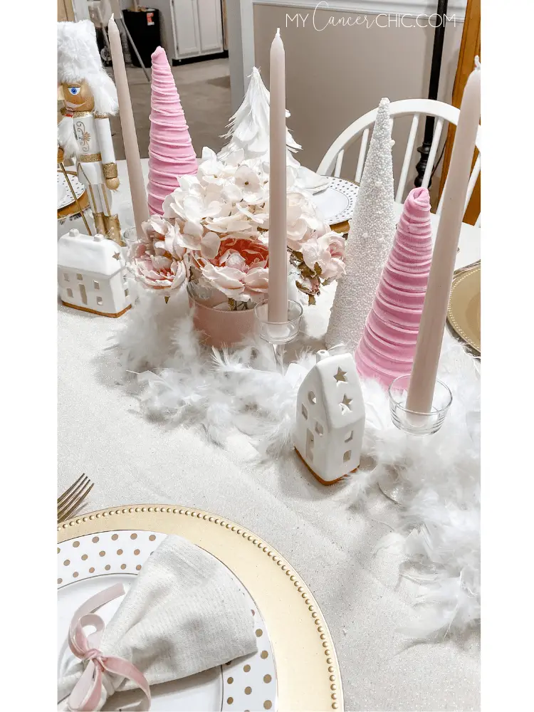 Pink & Gold Holiday Christmas Tablescape with pink and white small trees and