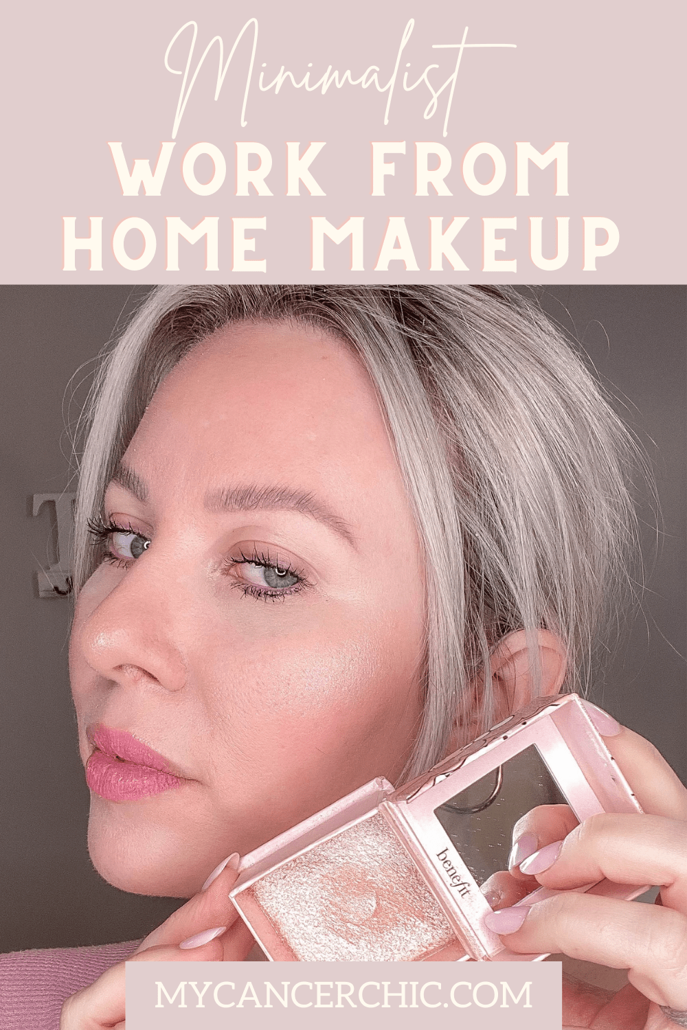 woman showing makeup for minimalist work from home makeup look