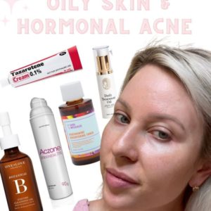 woman showing products for skincare routine for acne-prone