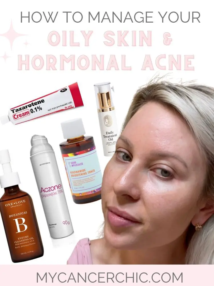 woman showing products for skincare routine for acne-prone