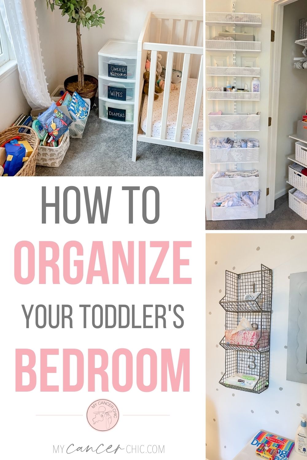 collage of storage to organize toddler bedroom