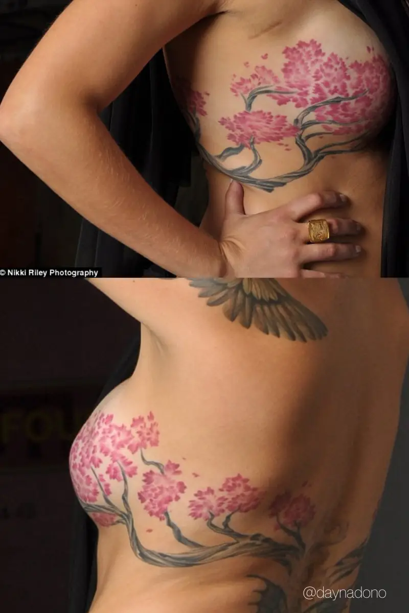 two sides of a double mastectomy tattoo with cherry blossoms and vines on Dana Donofree founder of Ana Ono Intimates