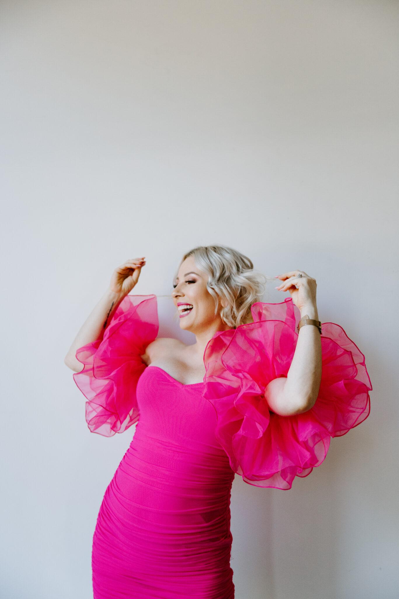 Breast cancer photoshoot_pink ruffle glamorous dress