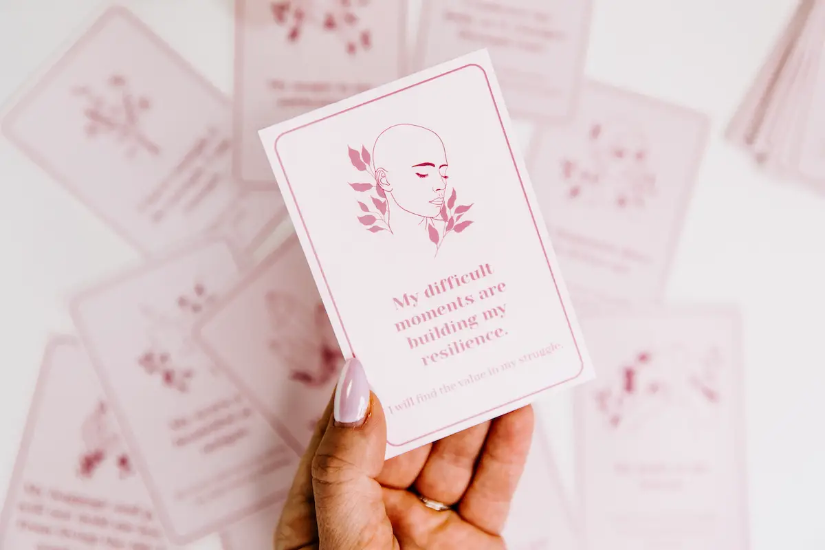 product image of affirmation card with bald head and healing message