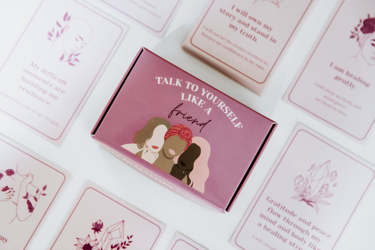 affirmation cards and box called talk to yourself like a friend