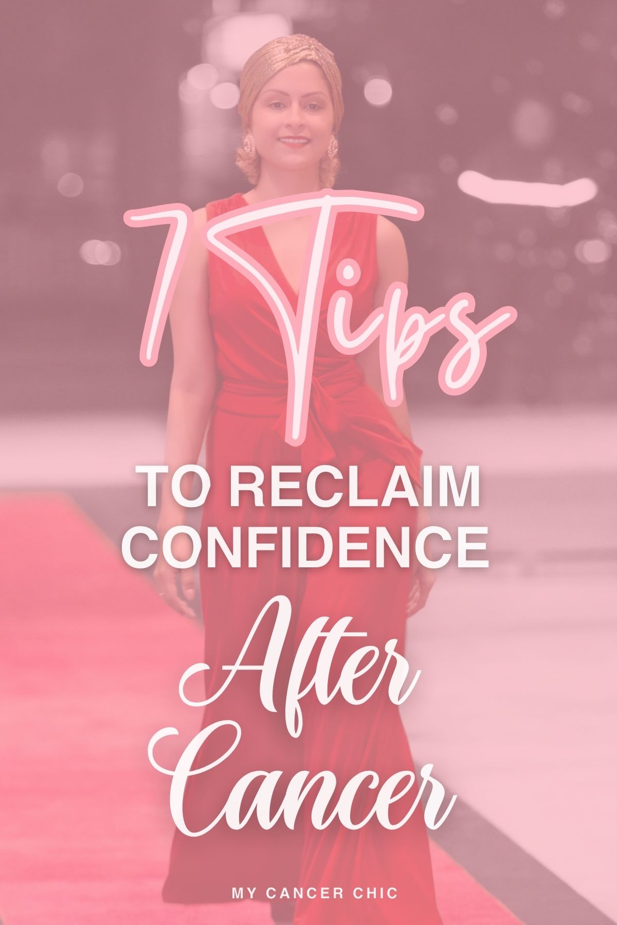My Cancer Chic Blogger Anna Crollman shares restoring body image after breast cancer - in photo: blog title and woman red dress