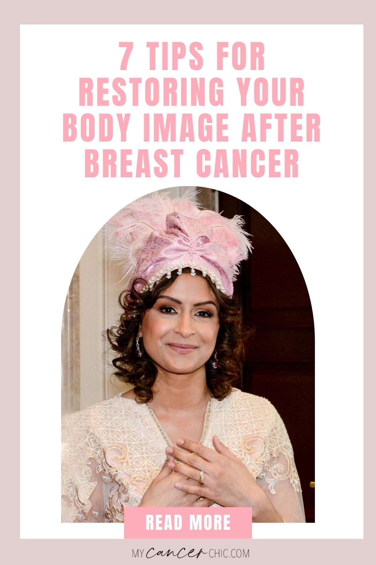My Cancer Chic Blogger Anna Crollman shares restoring body image after breast cancer - in photo: woman smiling at the camera with hard hands on her heart
